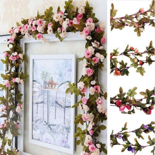 Couronnes de fleurs décoratives 2.2m 42 têtes fausses roses en soie vigne de lierre artificielles avec des feuilles vertes pour la décoration de mariage à la maison guirlande suspendue