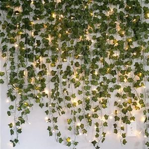 Couronnes de fleurs décoratives 2 3m vigne artificielle de lierre à feuilles vertes avec 2m LED guirlandes lumineuses ensemble bricolage fête de mariage lumière Gar2253