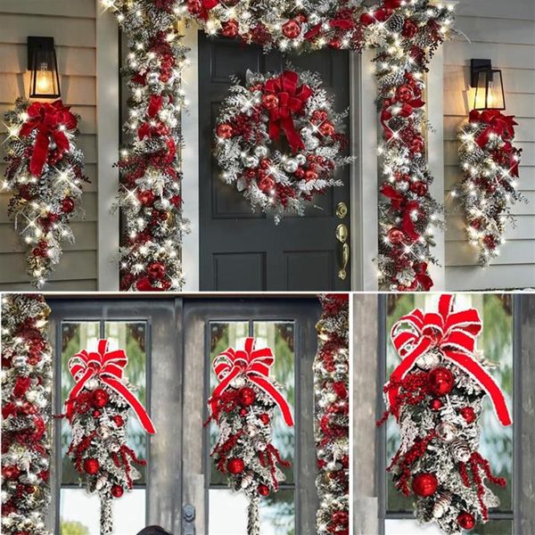 Couronnes de fleurs décoratives 20 30cm Le sans fil pré-éclairé rouge et blanc garniture de vacances couronne de porte d'entrée fête de mariage de Noël Deco267H