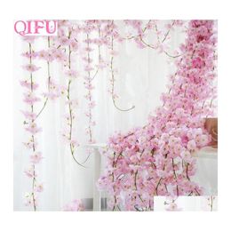 Decoratieve bloemen Kransen 200cm Sakura Cherry Blossom Rattan Vine kunstmatige zijde bruiloftsfeest Decoratie Ivy muur hangen Garla otcq9