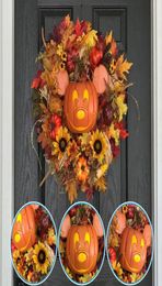 Couronnes de fleurs décoratives 2021 Couronne de citrouille d'automne pour porte d'entrée avec citrouilles Érables artificiels Automne Récolte Décor de vacances9689908