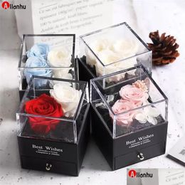 Couronnes de fleurs décoratives 2021 conservées dans un dôme de verre, décoration de roses éternelles, coffret cadeau rouge de l'Équateur, peut mettre une bague pour la Saint-Valentin, Bir Dhnkl