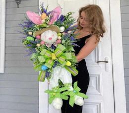 Decoratieve bloemen kransen 2023 Easter Bunny krans kleurrijke deurmuur oranments gelukkige paaskonijn thuisfeest creatief Garland f589681