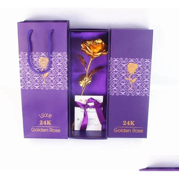 Couronnes de fleurs décoratives 24 carats Rose d'or cadeau de Saint Valentin pour les décorations de maison de mariage d'ami tenant une goutte de fleur artificielle D Dhqhz