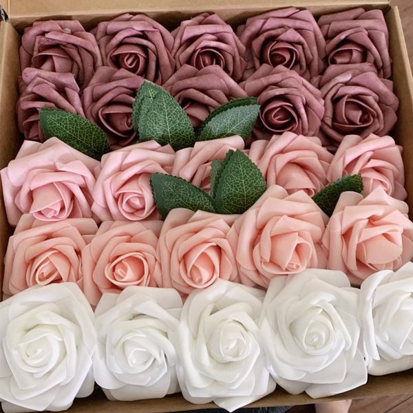 Flores decorativas Guirnaldas 25/50 Unids 7 cm Artificial PE Espuma Rosa Ramos de novia para bodas Decoraciones para fiestas en el hogar al aire libre DIY Scrapbook S