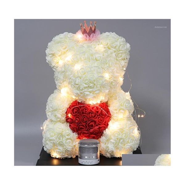 Couronnes de fleurs décoratives 25 cm, ours en peluche rose, fleur en mousse artificielle avec lumière LED, boîte de cadeaux de Noël pour la Saint-Valentin, maison, mariage, Dh6Ls