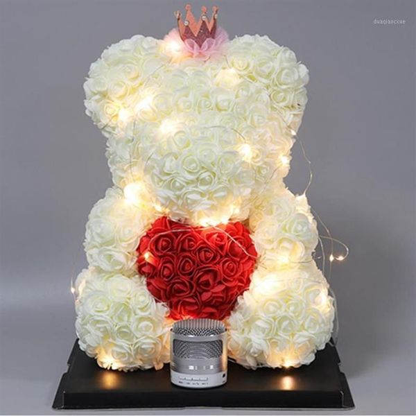 Couronnes de fleurs décoratives 25cm Rose Teddy Bear Fleur de mousse artificielle avec LED année lumineuse Saint-Valentin Cadeaux de Noël Boîte Accueil W210l