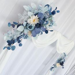 Couronnes de fleurs décoratives 2 pièces, ensemble artificiel bleu, toile de fond pour arc de mariage, fausse rangée de fleurs, décoration murale d'angle pour fête