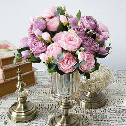 Couronnes de fleurs décoratives 2 pièces/lot Rose pivoine soie artificielle petit Bouquet Flores maison fête printemps décoration de Mariage Mariage faux flux