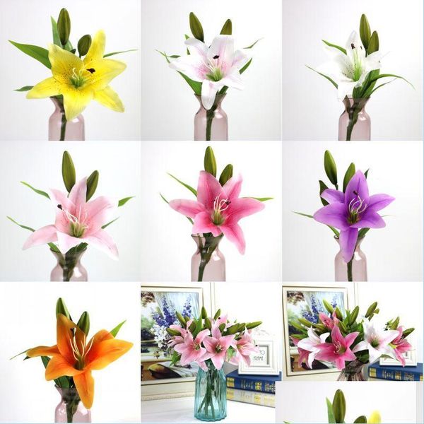 Fleurs Décoratives Couronnes 3 Têtes Charme Real Touch Lily 38Cm Fleur Artificielle Home Party Decor Soie Décoration Florale Dhkbf