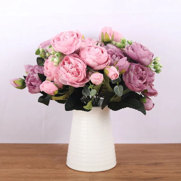 Couronnes de fleurs décoratives 30 cm Rose Soie Rose Bouquet Pivoine Artificielle 5 Grosses Têtes 4 Petit Bourgeon Mariée Mariage Décoration de La Maison Faux Faux 231207