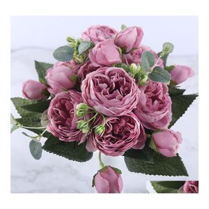 Flores decorativas Guirnaldas 30Cm Rosa Rosa Seda Peonía Ramo artificial 5 Cabeza grande y 4 Brotes falsos para la decoración de la boda en el hogar Indo Dh98Z