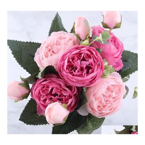 Guirnaldas de flores decorativas 30 cm rosa rosa seda peonía ramo artificial 5 cabeza grande y 4 brotes falsos para el hogar decoración de la boda Indo Dhfqd