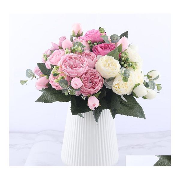 Couronnes de fleurs décoratives 30 cm Rose Rose Soie Pivoine Bouquet artificiel 5 grosse tête et 4 bourgeons faux pour la décoration de mariage à la maison Indo Dho7X