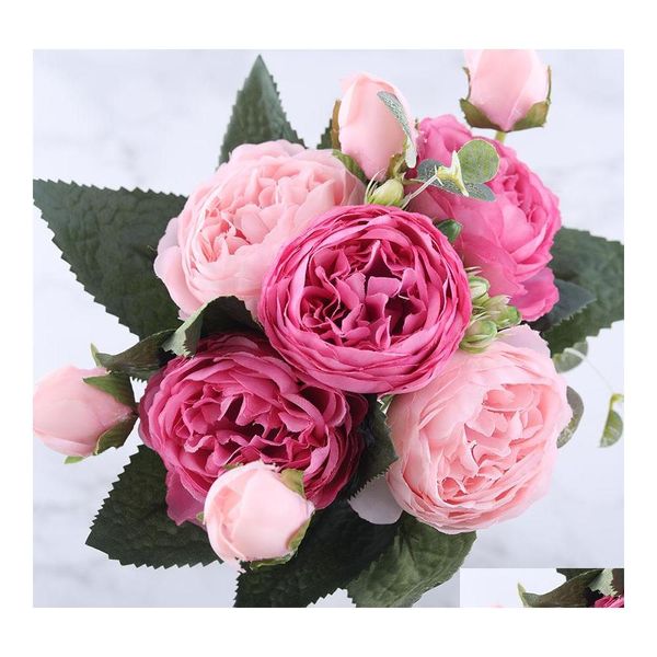 Couronnes de fleurs décoratives 30 cm Rose Rose Soie Pivoine Bouquet artificiel 5 grosse tête et 4 bourgeons faux pour la décoration de mariage à la maison Indo Dhfqd