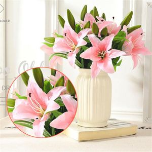 Decoratieve bloemen kransen 3heads kunstmatige lelie nep boeket voor bruiloft decoratie woonkamer home decor tuin outdoor accessoires