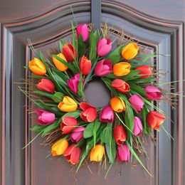 Couronnes de fleurs décoratives 40 cm couronne de tulipes fête fleur artificielle pour porte d'entrée fenêtre tenture murale décor de mariage décoration de FestivalD