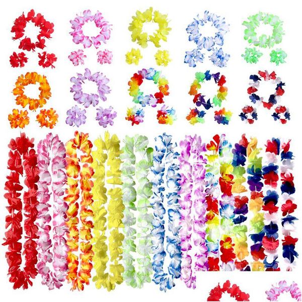 Couronnes De Fleurs Décoratives 40 Pcs Ensemble De Combinaison De Couronne Hawaïenne Guirlande De Fleurs Collier Bracelet Festive Bord De Mer Partie Accessoire Dhfmb