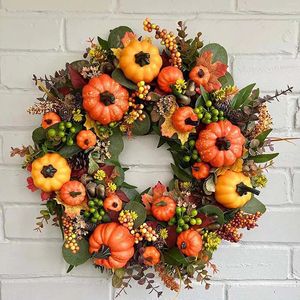 Couronnes de fleurs décoratives 45 cm couronnes d'automne pour porte d'entrée couronne d'automne avec baies citrouille feuilles d'érable Thanksgiving récolte festival décoration de la maison 231023