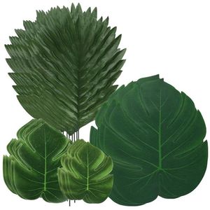 Guirnaldas de flores decorativas 48PCS Decoraciones temáticas de Jungle Beach Hojas de palma artificiales Planta de helecho de hoja de tortuga con tallo para Hawa290H