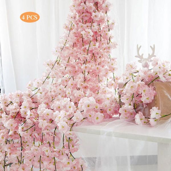 Couronnes de fleurs décoratives 4 pièces 180CM guirlande de fleurs en soie artificielle suspendue fausse couronne de vigne en fausse fleur de cerisier en rotin pour fête de mariage