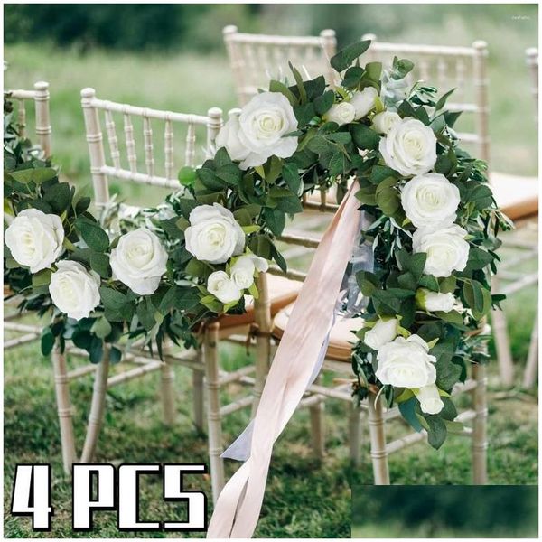 Couronnes de fleurs décoratives 4pcs vignes roses artificielles guirlande blanche en plastique suspendu rotin floral pour la fête de mariage de jardin à la maison de Dhs7H