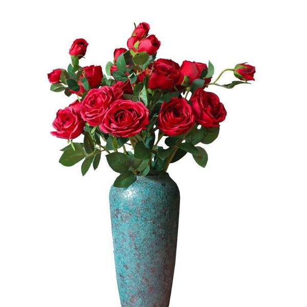 Couronnes de Fleurs Décoratives 4pcs / Bouquet 3 Têtes Rose Rouge Fausse Fleur Soie Pivoine Artificielle Mariage Maison Fête DIY Décoration Automne Décor