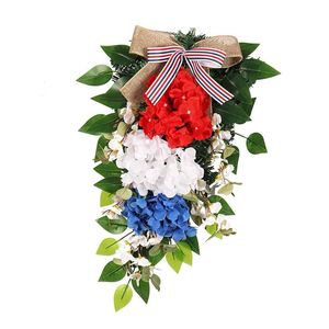 Fleurs décoratives couronnes 4 juillet Couronne de porte patriotique Americana printemps guirlande colorée pour le Memorial Day Bleu rouge artificiel