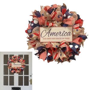 Coronas de flores decorativas 4 de julio Corona de la puerta delantera Vintage Veterans Memorial Day Cartel de bienvenida Independence Garland Patriotic PartyDe