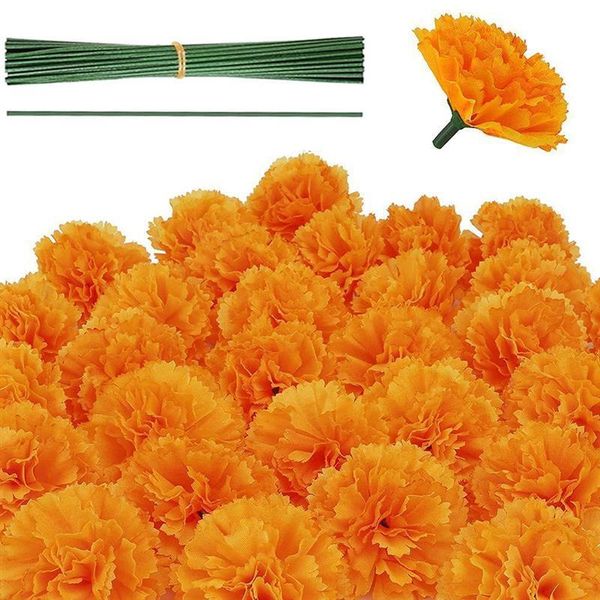 Flores decorativas coronas de 50 piezas Marigold de seda maréndula Maréndulas de tela de color naranja decoraciones con poste de flores