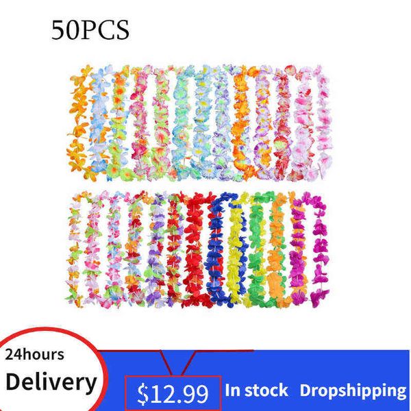 Couronnes de fleurs décoratives 50pcs / lot Hawaii Party Leis Guirlande de fleurs Guirlande Collier hawaïen Hawai Floral Farmhouse Decor Multicolore Beach Parties nouveau T220905