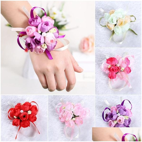 Couronnes de fleurs décoratives 50pcs / set mariage poignet fleur demoiselle d'honneur soeurs cor nuptiale bal main simation bracelet N2 Drop Delive Dhknr