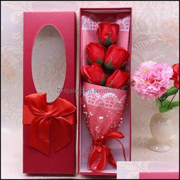 Coronas de flores decorativas 5 Unids / set Jabón de baño perfumado Pétalo de flor de rosa con caja de regalo para boda Día de San Valentín Madres Maestros Dhymf