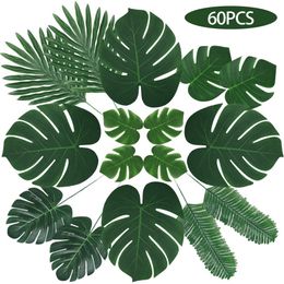 Decoratieve bloemen kransen 60 pc's 6 soorten monstera kunstmatige palmbladeren tropische plant faux stengels Hawaiian Party Decorations Jungle Beach Theme Tafel