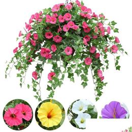 Couronnes de fleurs décoratives 65 cm, panier suspendu, pots de fleurs artificiels de gloire du matin, Manma pétunia orc, fleurs décoratives pour la maison, Dh5Ue