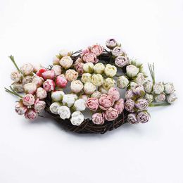 Guirnaldas de flores decorativas 6 piezas MINI ramo de rosas de té Multicolor accesorios de decoración del hogar guirnalda de Navidad caja de regalos de boda flores artificiales baratas