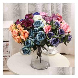 Couronnes de fleurs décoratives 7 têtes de roses artificielles en soie, toucher réel, décoration florale pour la maison, arrangement floral, pivoine, livraison directe, Gard Dhd7H