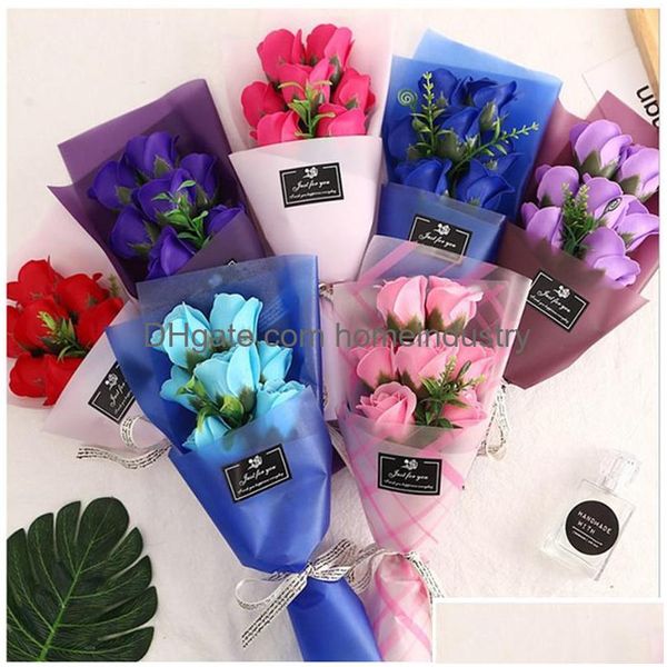 Ghirlande di fiori decorativi 7 Rose rosse Simation Flower San Valentino Manuale artificiale Mti Sapone colorato Piccolo bouquet Regali Imballaggio Dhr9J