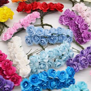 Couronnes De Fleurs Décoratives 72-144pcs 2cm Mini Rose Fleur Papier Tête Artificielle Bouquet De Mariage Scrapbooking Cadeau Boîte Guirlande Partie Decorat