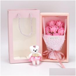 Couronnes de fleurs décoratives 7pcs artificielle mariage savon roses bouquet de fleurs avec poupée ours anniversaire noël saint valentin cadeau hom dhv0i