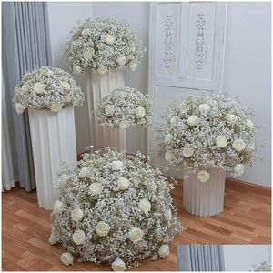 Decoratieve bloemenkransen 80/70/60/50/40 cm witte babyademroos kunstbloem bal bruiloft tafel middelpunt deco gypsophil Dh3In