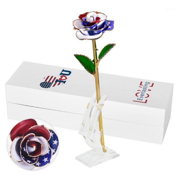 Couronnes De Fleurs Décoratives Drapeau Américain 24K Or Rose Décoration Maison Longue Tige Fleur Artificielle Trempé Boîte-Cadeau Anniversaire De Noël