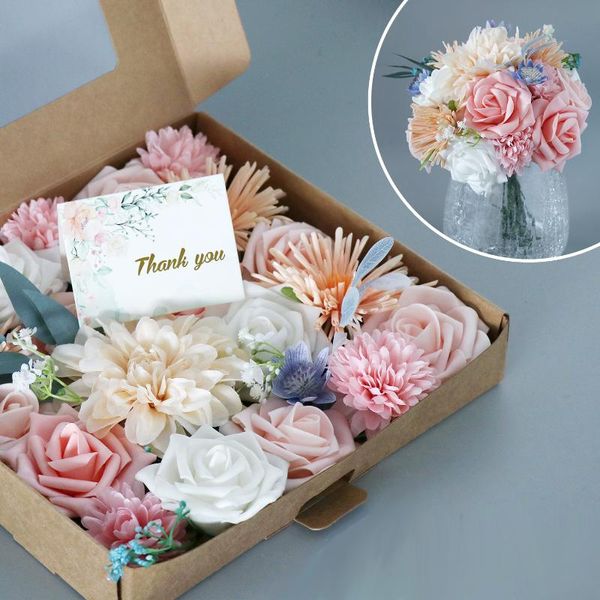 Flores decorativas Guirnaldas Caja de rosas de seda artificial Rosa rosa Dalias Babysbreath Flor Regalo Decoración de la boda DIY Día de San Valentín Bouqu