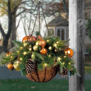 Decoratieve bloemen kransen kunstmatige kersthangmand samengevoegd met gemengde decoraties en led -lichten ornament Xmas Home Decor B1