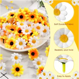 Couronnes de fleurs décoratives marguerites artificielles et têtes de tournesol faux tournesols blanc mini tissu faux individuel 1,6 pouces tête de fleur Amdrq