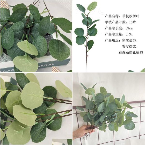 Couronnes de fleurs décoratives feuilles d'eucalyptus artificielles branche simulation bouquet de fleurs accessoires en plastique fausse table de plante verte Otvnm