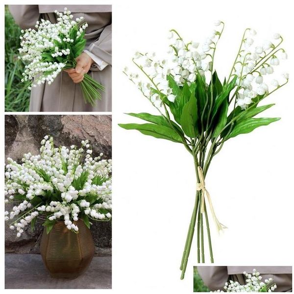 Flores decorativas Guirnaldas Flor artificial Carillón de viento Plástico duro Blanco puro Valle de montaña Pequeño lirio Flores falsas Boda De Dh9Tl