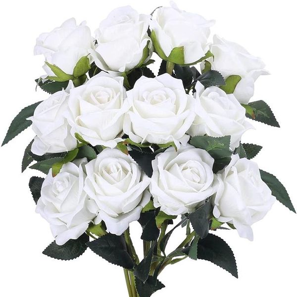 Couronnes de fleurs décoratives, Bouquet de roses artificielles, 12 pièces, Roses en soie avec tiges, fleurs blanches réalistes pour mariage nuptial, 303K