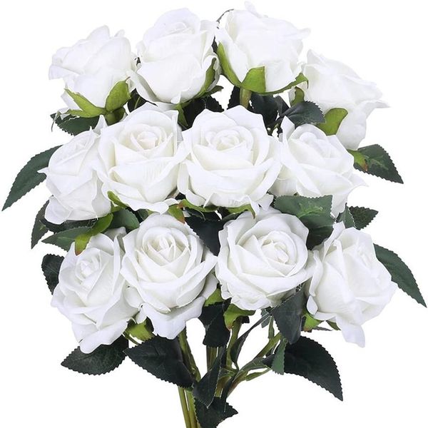 Couronnes De Fleurs Décoratives Bouquet De Roses Artificielles 12PCS Roses De Soie Avec Des Tiges Blanc Fleur Réaliste Pour La Mariée Wedding253y