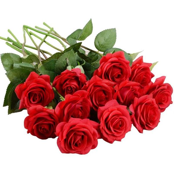 Flores decorativas Guirnaldas Flores de rosas de seda artificial-12 piezas Rosas rojas Prensa real falsa Ramo de boda nupcial para la decoración del hogar